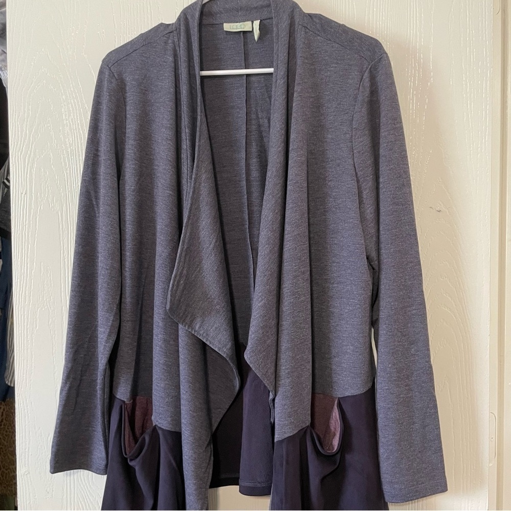 LOGO Lounge Lori Goldstein woman's open front cardigan L blue draped casual